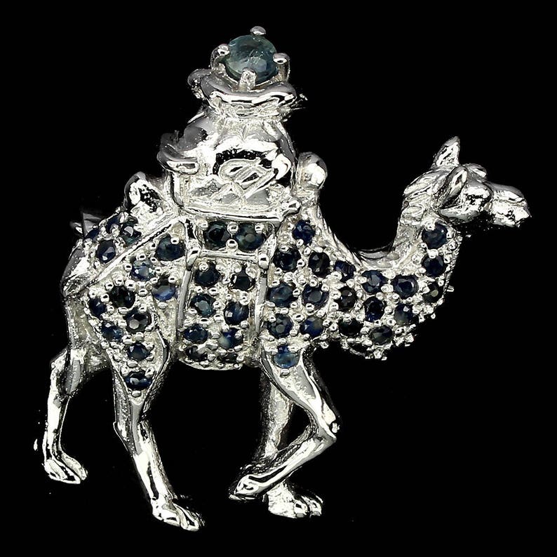 Victorian Naturalism Downton Abbey era 14k White Gold Vermeil Novelty Sapphire Camel Brooch Truly Venusian