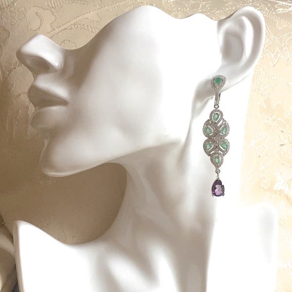 Suffragette style Jewelry Downton Abbey era Amethyst and Emerald Dropper Earrings - Truly Venusian