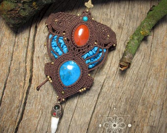 Tribal macrame bracelet with crocodile teeth, tuquoise and red jasper cabochons and beads - Designer boho tribal ethnic macrame jewelry