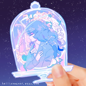 May include: A blue and white sticker of a character with a unicorn horn, wearing a suit and standing in a glass dome with a starry background.
