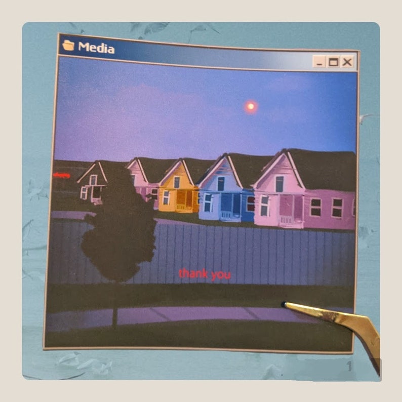 May include: A digital illustration of a row of colorful houses with a red sun in the sky. The houses are in shades of blue, yellow, pink, and purple. The text "thank you" is written in red below the houses.