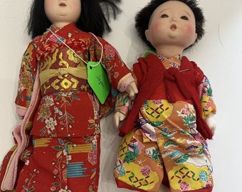 Japanse Ichimatsu poppen meisje en baby Kaunsai antieke-vintage poppen glazen oog