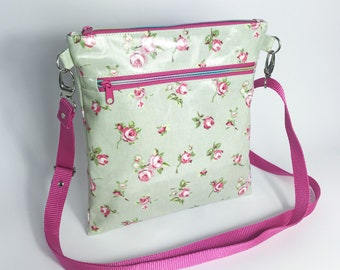 Floral bag, green bag, oilcloth bag, crossbody bag, wet bag, waterproof bag, messenger bag, zipper  bag, shoulder bag , everyday bag