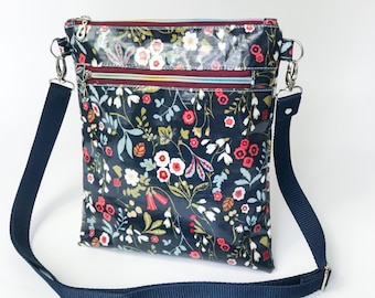 Navy oilcloth floral bag,blue bag, crossbody  bag, wet bag , waterproof  bag, messenger  bag,  zipper bag, shoulder bag, handmade bag,