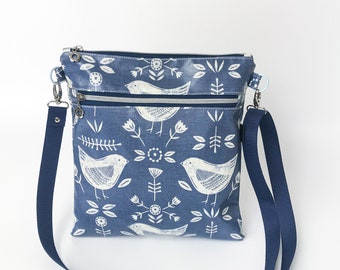 Vögel Wachstuch Tasche, Wet Navy Tasche, wasserdichte Umhängetasche, Messenger Tasche, Reißverschlusstasche, Schultertasche, Alltagstasche, Ökotasche, vegane Tasche