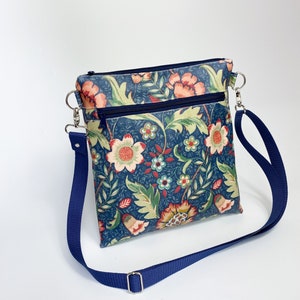 Floral navy oilcloth bag, crossbody bag , wet bag, zip messenger  bag, flower shoulder  bag, everyday bag,  double zip purse,  vegan bag
