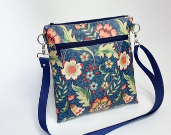 Floral marine Wachstuchtasche, Crossbody-tasche, nasse Tasche, Reißverschluss-Messenger-Tasche, Blumen-Umhängetasche, Alltagstasche, doppelte Reißverschlusstasche, vegane Tasche