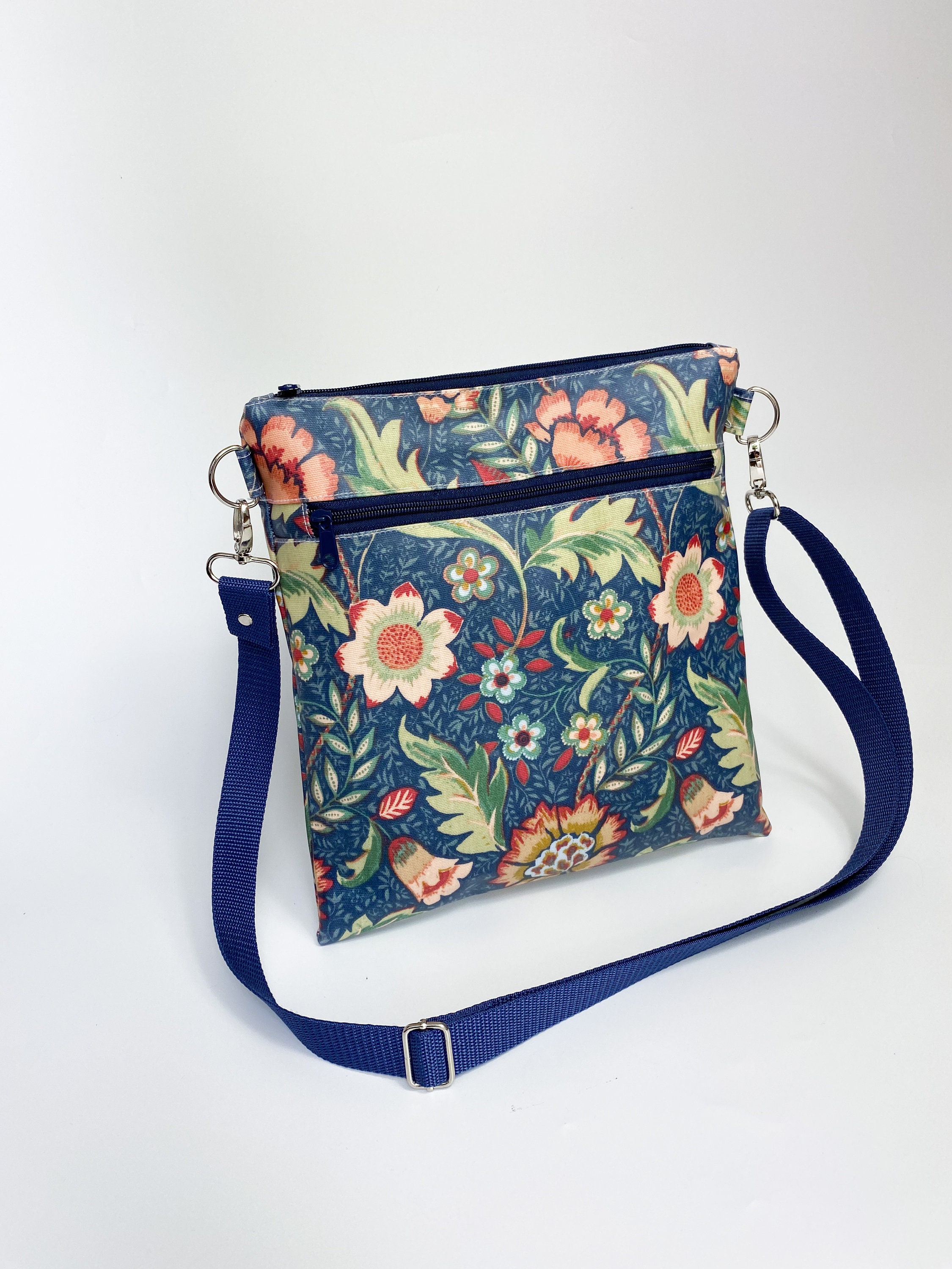 Floral Navy Oilcloth Bag Crossbody Bag Wet Bag Zip Messenger