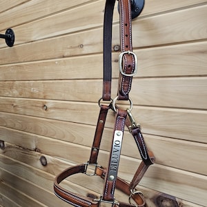 LEATHER HORSE HALTER&quot;(Turnout) w/solid brass name (optional) plate x hardware. oil Rubbed - Lighter Saddle Russet-made in the Usa-handmade!