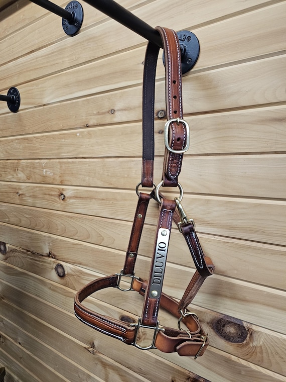 GRABER" Handmade Leather Horse Halter: a Light oil rubbed Russet with Solid Brass Name Plate