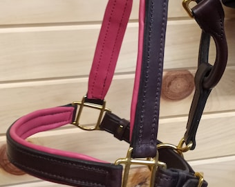 Handmade Padded Leather Horse Halter, Havana Brown, Solid Brass
