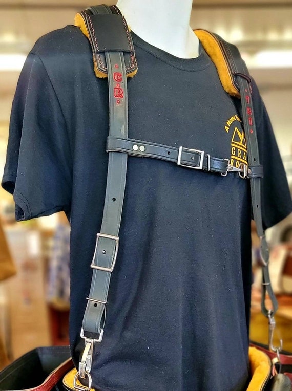 Graber Harness Black Leather Tool Belt Suspenders W/ Belt Loops.x Stainless Snap  Hooks.2 Shoulder Pads .made in USA 