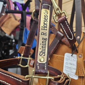 K&ouml;nnte beinhalten: Ein braunes Leder-Pferdehalfter mit Messingbeschl&auml;gen und einem Messing-Namensschild mit der Aufschrift "Shining R Horses".