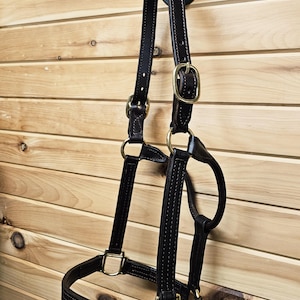 LEATHER HORSE HALTER&quot;(Thoroughbred) Triple stitch w/solid brass name (optional) plate x h.w.- Dark Havana Brown-made in the Usa-handmade!