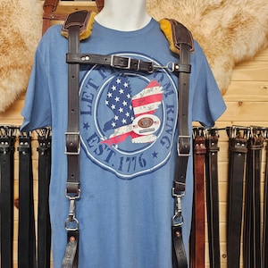 Heavy Carpenters Leather tool belt suspenders &quot;Dark Walnut&quot; oil dipped w/ belt Loops.x stainless hooks.2&quot; shoulder pads ..made in USA