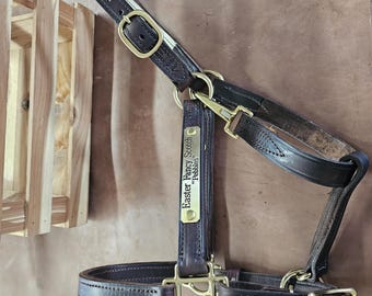 ハンドメイドレザーのターンアウトホースホルター：ダークハバナブラウン、ステンレススチール製の金具（喉スナップ付き）