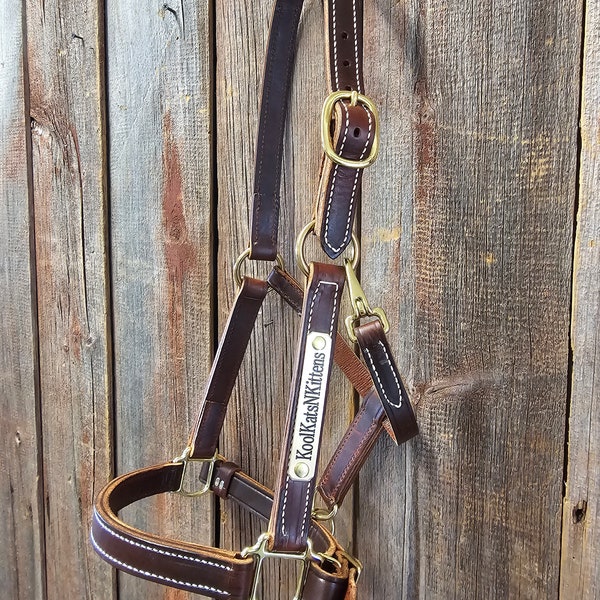 LEATHER HORSE HALTER" con placa de nombre de latón macizo (desvío) tacto suave bañado en aceite, herrajes de latón marrón/sólido, hecho en los EE.UU., hecho a mano