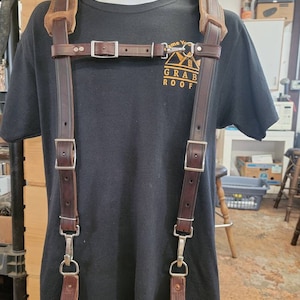 Graber Harness Leather tool belt suspenders "Dark Walnut" oil dipped w/ belt Loops.x stainless hooks.2" shoulder pads ..made in USA