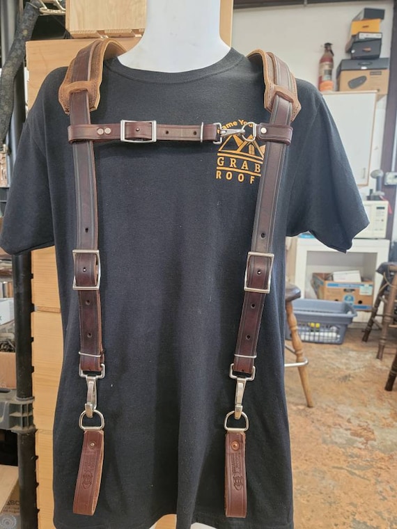 Graber Harness Leather Tool Belt Suspenders dark Walnut W/ Belt Loops.x  Stainless Snap Hooks.2 Shoulder Pads ..oil Dipped,, Made in Usa 