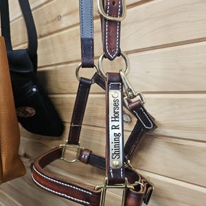 LEATHER HORSE HALTER&quot;(Turnout) w/solid brass name plate x hardware. oil dipped soft feel- Russet Brown/ made in the usa handmade!
