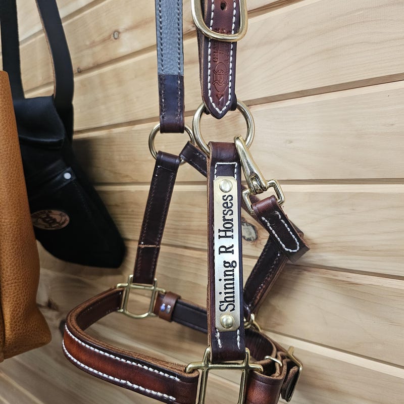 Handmade Leather Horse Halter with Brass Nameplate - Russet Brown