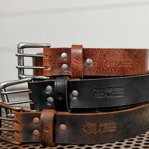 Bison Leather Belt -Mens Handmade - Double Prong Roller Buckle - Dress or Casual - Made in the USA