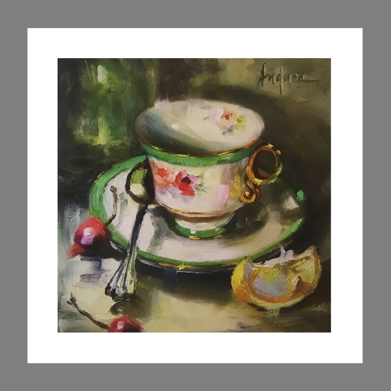 Unframed on Archival Watercolor Paper. Quality Giclee Print of Green Cup /& Cherries