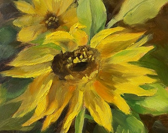 Sunflower & Son, 5x5 original oil painting on board. Kitchen, Dining, Living Rm Art. Gift for: Christmas, Housewarming, Birthday, Shower