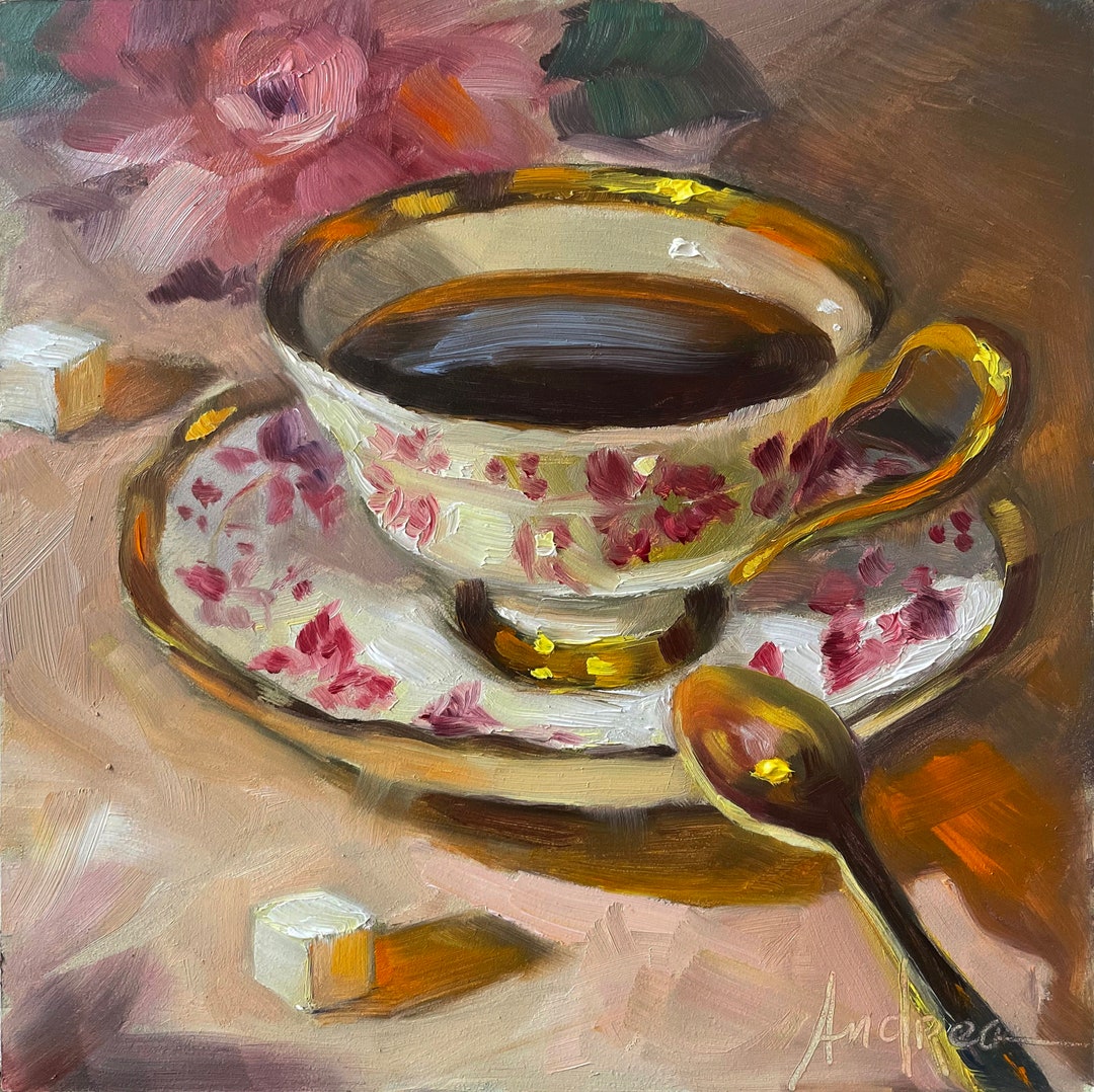 Coffee & Camellia, 6x6 Original Oil Painting on Board. Dining, Kitchen