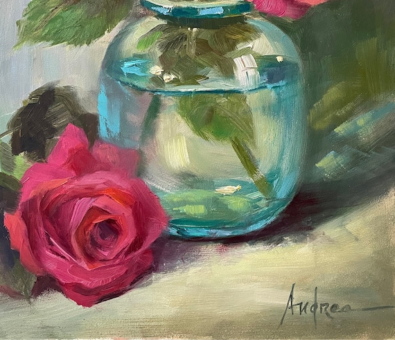Roses & Aqua Vase, 10x8 Original Oil on Board. Kitchen/dining