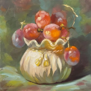 Porcelain Pouch of Grapes, 6x6 original oil painting on board. Kitchen, Living, Dining Art. Gift for: Mother's Day, Shower, Birthday.