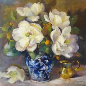 Magnolias in Blue Vase, quality prints of oil painting on heavy duty archival watercolor paper in various sizes. Unframed.