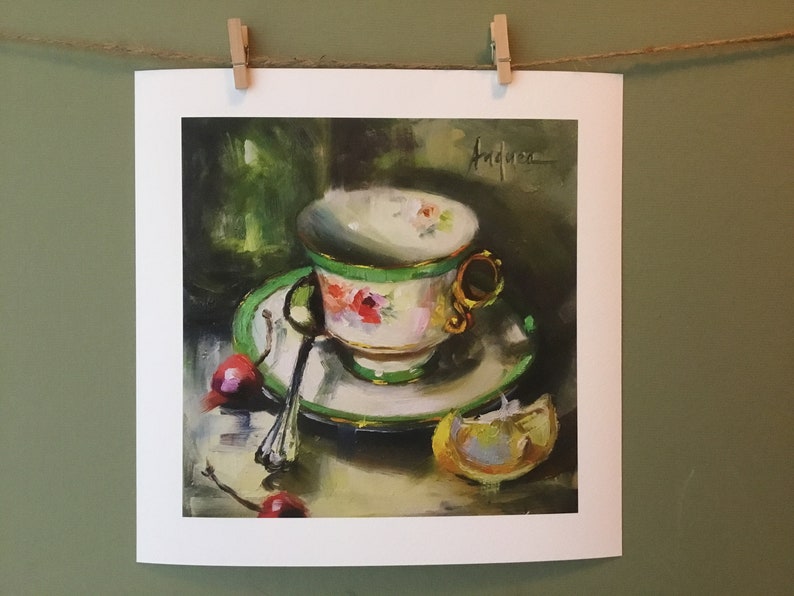 Unframed on Archival Watercolor Paper. Quality Giclee Print of Green Cup /& Cherries