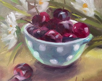 Cherries & Polka Dots, 6x6 original oil painting. Gift for: housewarming, shower, wedding, birthday, Mom. Kitchen art, Dining/Living Art.