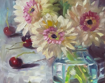 Gerberas & Cherries, 8x8 original oil on panel. Gift for: Mother's Day, Shower, Birthday, Wedding, Friend. Kitchen, Dining, Living Art