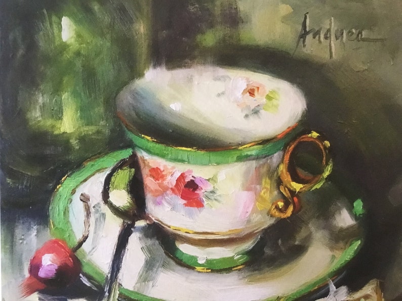Unframed on Archival Watercolor Paper. Quality Giclee Print of Green Cup /& Cherries
