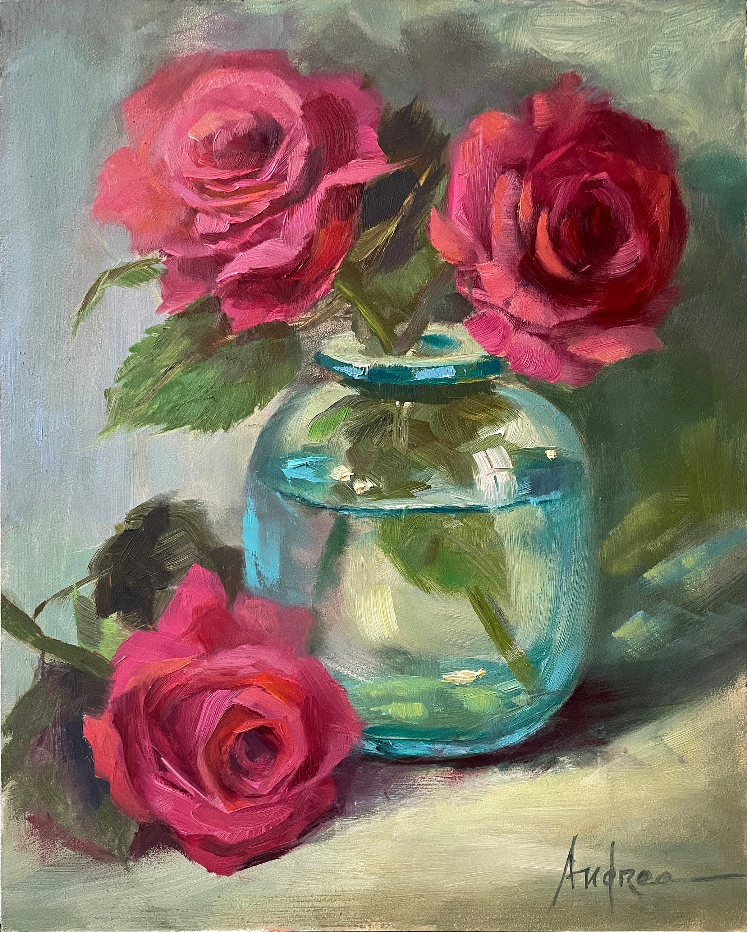 Roses & Aqua Vase, 10x8 Original Oil on Board. Kitchen/dining