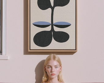 Arte de parede em tela floral abstrata / Formas pretas modernas minimalistas com azul suave / Impressão em tela emoldurada por Nena Rose