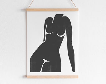 Female figure printable. Black and white wood block style print. Download instantly and print from home.