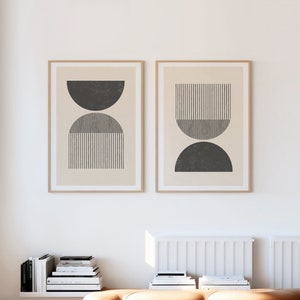 Mid century style woodblock print in classic geometric shapes and neutral colors. Download instantly and print from home.