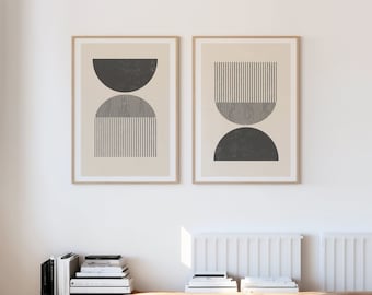 Mid century style woodblock print in classic geometric shapes and neutral colors. Download instantly and print from home.