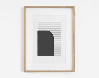 Mid century modern block print style with geometric shapes and lines, in black and white. Download instantly and print from home.