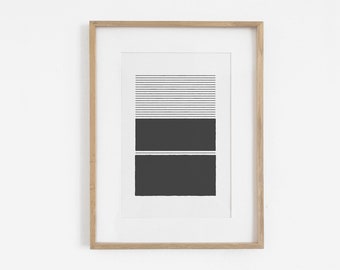 Mid century modern block print style with geometric shapes and lines, in black and white. Download instantly and print from home.