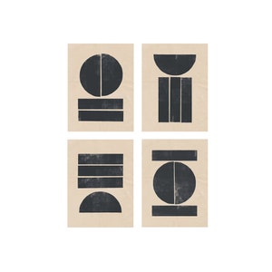 Minimal woodblock shapes set of four. Sunrise, Sunset, Sky, Full Moon, Ocean. Download instantly and print from home.