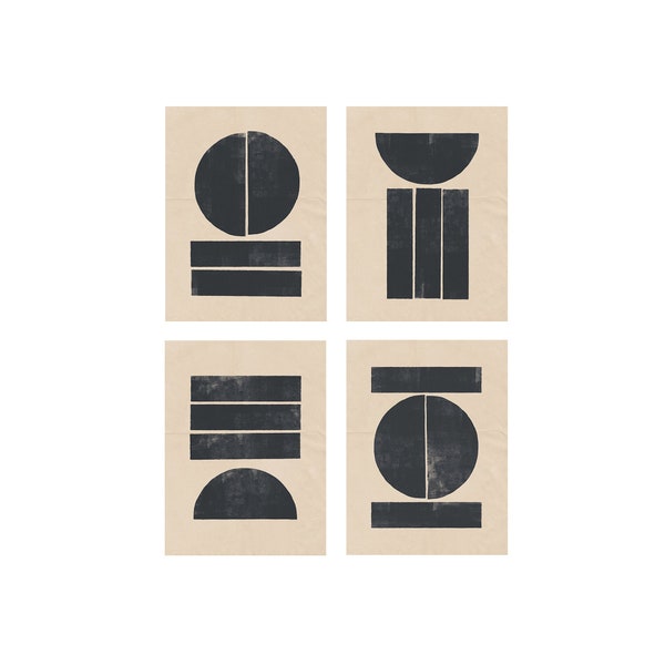 Minimal woodblock shapes set of four. Sunrise, Sunset, Sky, Full Moon, Ocean. Download instantly and print from home.