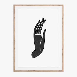 May include: Black and white illustration of a hand in a gesture of prayer or meditation. The hand is stylized and has a textured look.