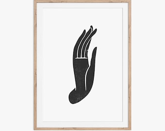 Buddha Mudra Hand Gesture, printable wall art. A wood block style illustration in black and white. Download instantly and print from home.