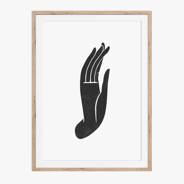 Buddha Mudra Hand Gesture, printable wall art. A wood block style illustration in black and white. Download instantly and print from home.