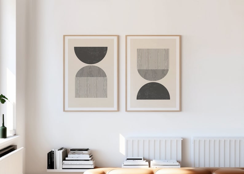 Mid century style woodblock print in classic geometric shapes and neutral colors. Download instantly and print from home. image 1