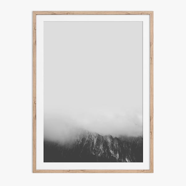 Impression minimaliste de photographie de montagne en noir et blanc. Cet art mural imprimable est fourni sous forme de fichiers numériques avec téléchargement instantané.